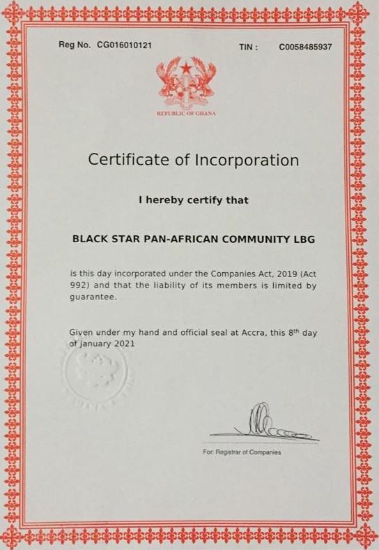 Business Certificate of Incorporation for Black Star Pan-African Community in Gyaahadze, Ghana